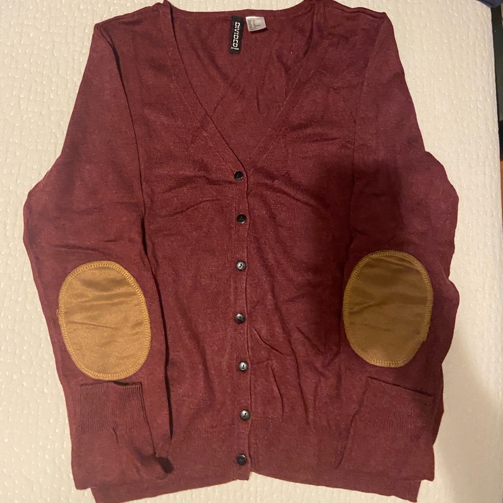H&M Maroon Button Cardigan Faux Suede Elbow Patch
